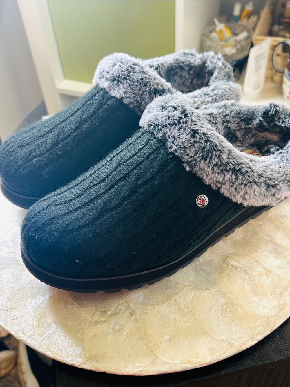 Skechers Black Knit Slip-On Slippers with Gray Faux-Fur Collar